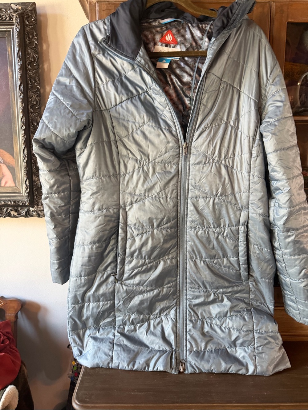 Columbia Light Gray Long Quilted Puffer Coat with Hood